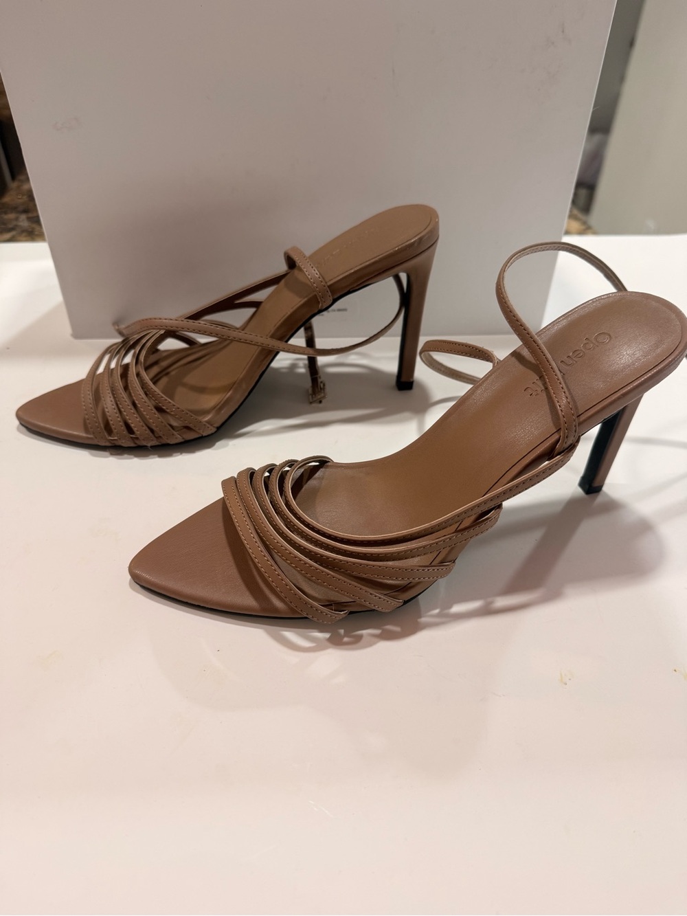 Strappy Pointed-Toe Heels in Taupe